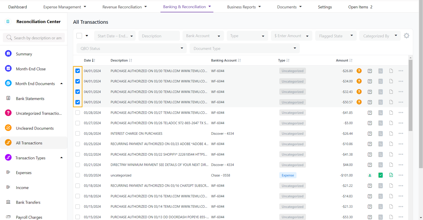 Flag and review multiple transactions in bulk all at once.